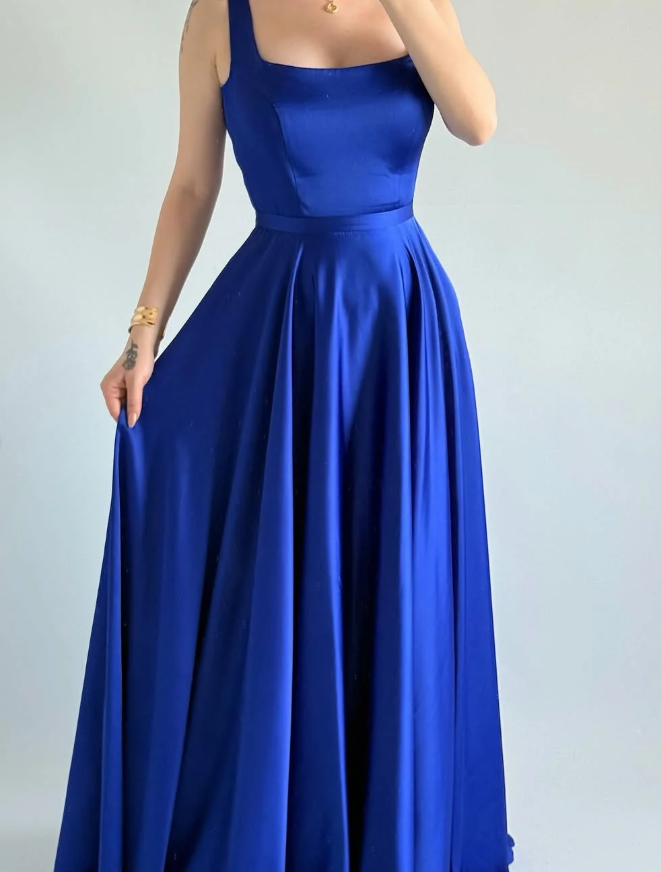 Simple Royal Blue A Line Spaghetti Straps Satin Prom Dress Date Dress SH5549