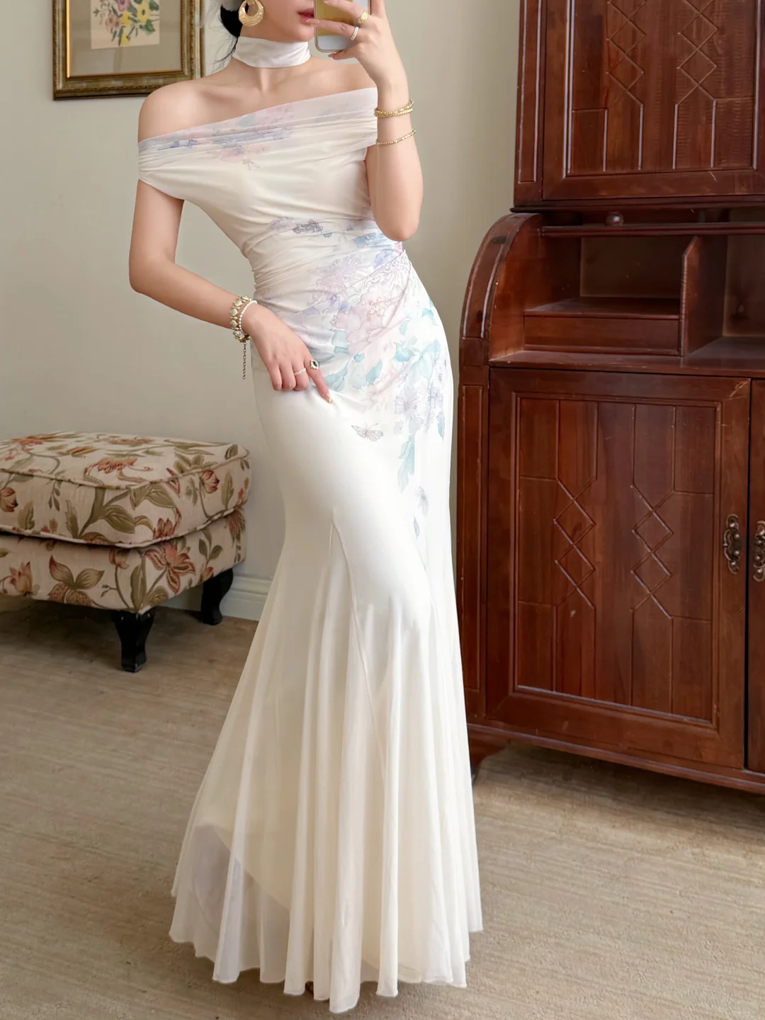 Gentle Mermaid Print Flower Ivory Chiffon Long Prom Dress Evening Dress SH6049