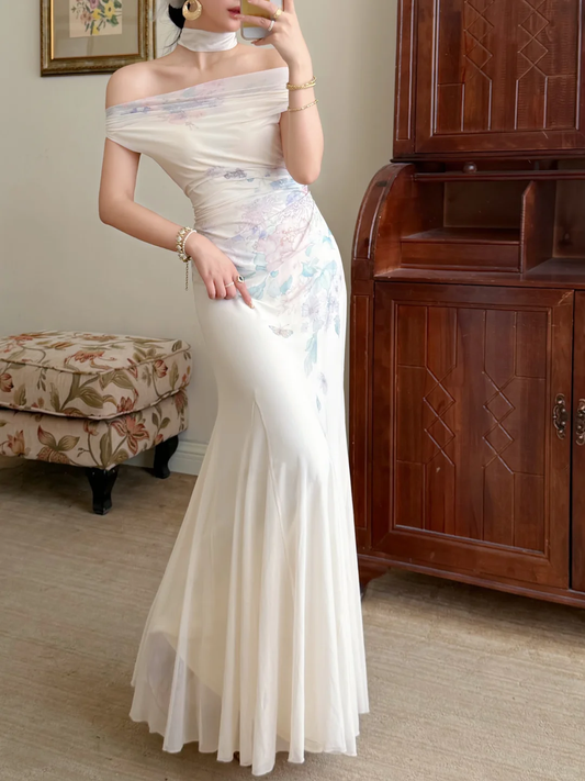 Gentle Mermaid Print Flower Ivory Chiffon Long Prom Dress Evening Dress SH6049