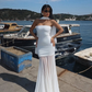 Simple White Mermaid Strapless Chiffon Satin Date Dress Prom Dress SH3885