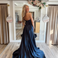 Elegant A Line Sweetheart Neck Navy Blue Satin Long Prom Dress Evening Dress SH2315