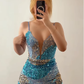 Blue-gold Ombre Sheath Spaghetti Straps Sequin Short Prom Dress Homecoming Dress Outfits SH6843