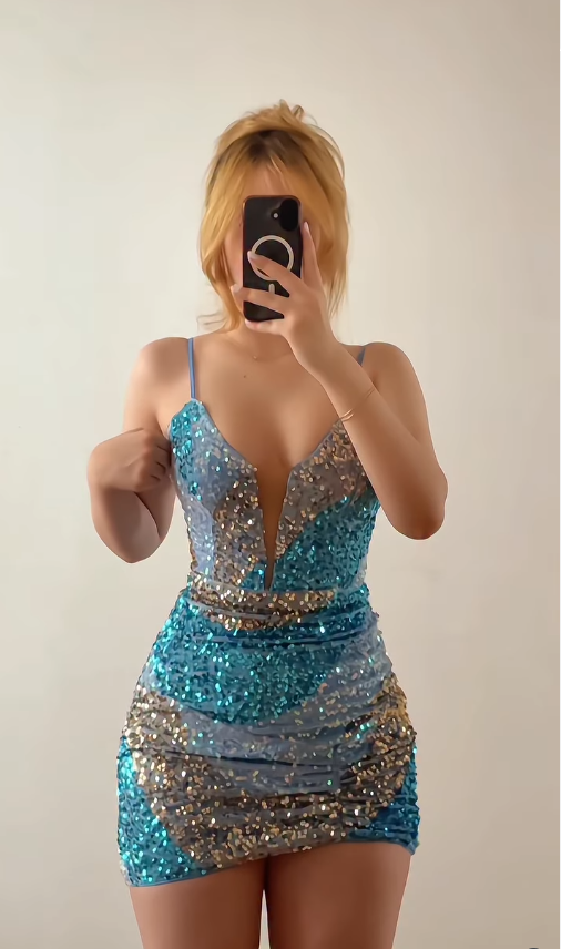 Blue-gold Ombre Sheath Spaghetti Straps Sequin Short Prom Dress Homecoming Dress Outfits SH6843