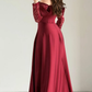 Elegant Burgundy A Line Long Sleeve Lace Satin Prom Dress Wedding Guest Dress SH6012