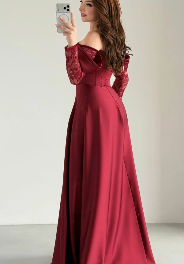 Elegant Burgundy A Line Long Sleeve Lace Satin Prom Dress Wedding Guest Dress SH6012