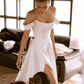 Simple A Line Off the Shoulder Classy White Satin Long Wedding Dress SH4852