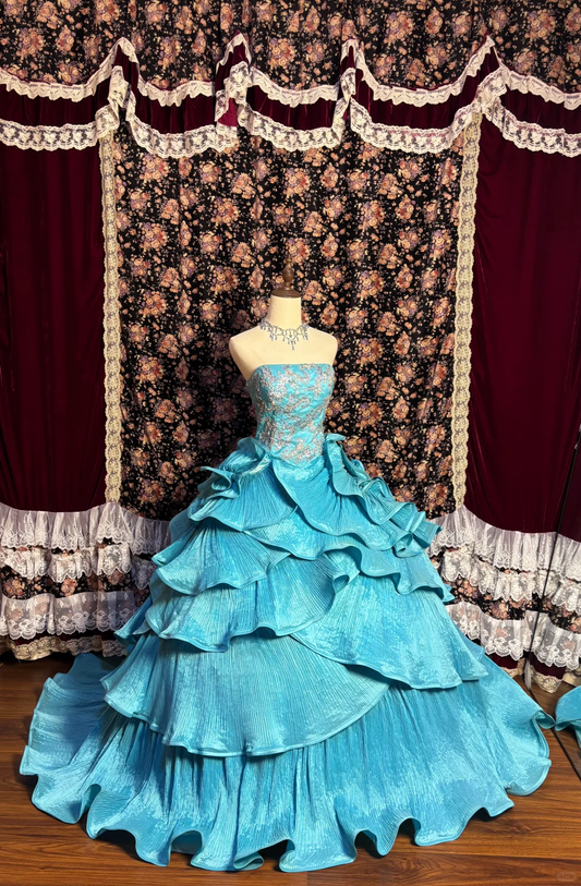 Vintage Unique Blue Ball Gown Strapless Beaded Layered Satin Prom Dress Sweet 16 Dress SH5774