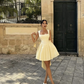 Cute Yellow A Line Straps Satin Open Back Short Homecoming Dress Outfits SH5544