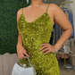 Sexy Mermaid Spaghetti Strap Green Sequin Velvet Prom Dress Evening Dress with Slit SH2052