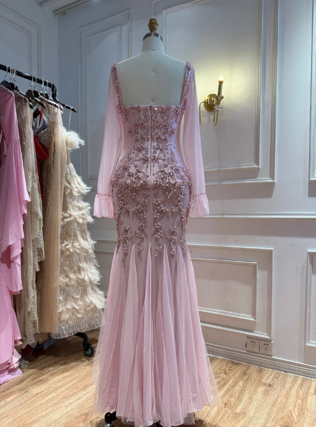 Luxurious Mermaid Long Sleeve Beaded Light Pink Tulle Long Prom Dress Evening Dress SH8948