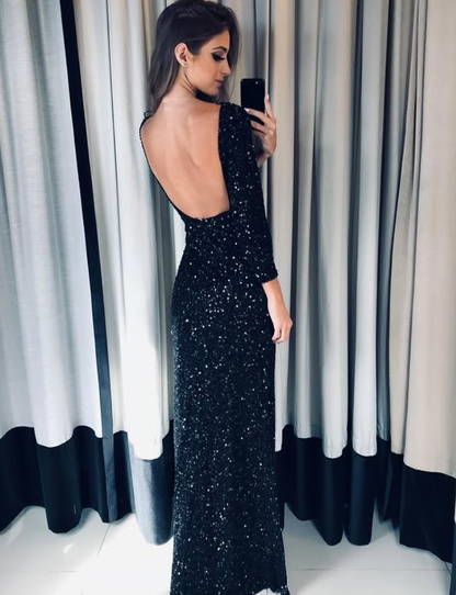 Sexy Black Sheath Long Sleeve Sequin Backless Long Prom Dress Evening Dress SH6545