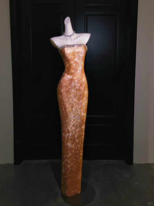 Exquisite Sheath Strapless Orange Rhinestone Long Prom Dress Evening Dress SH4190