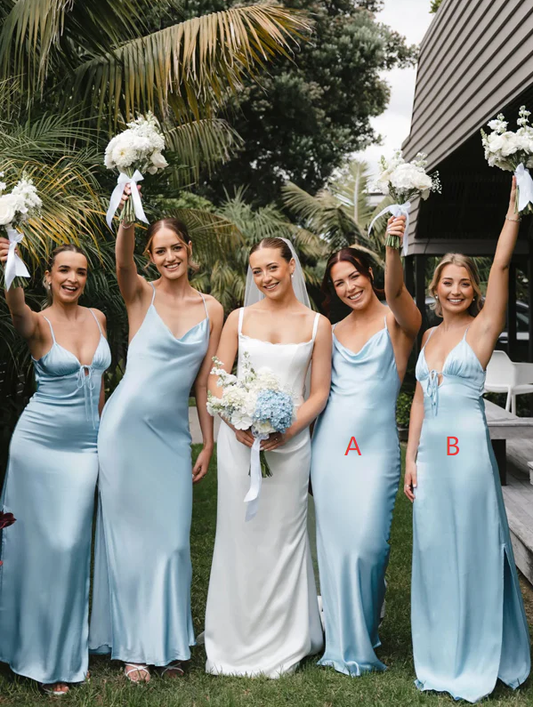 Pale Blue Mismatched Silk Satin Spaghetti Strap Long Bridesmaid Dresses SH5574