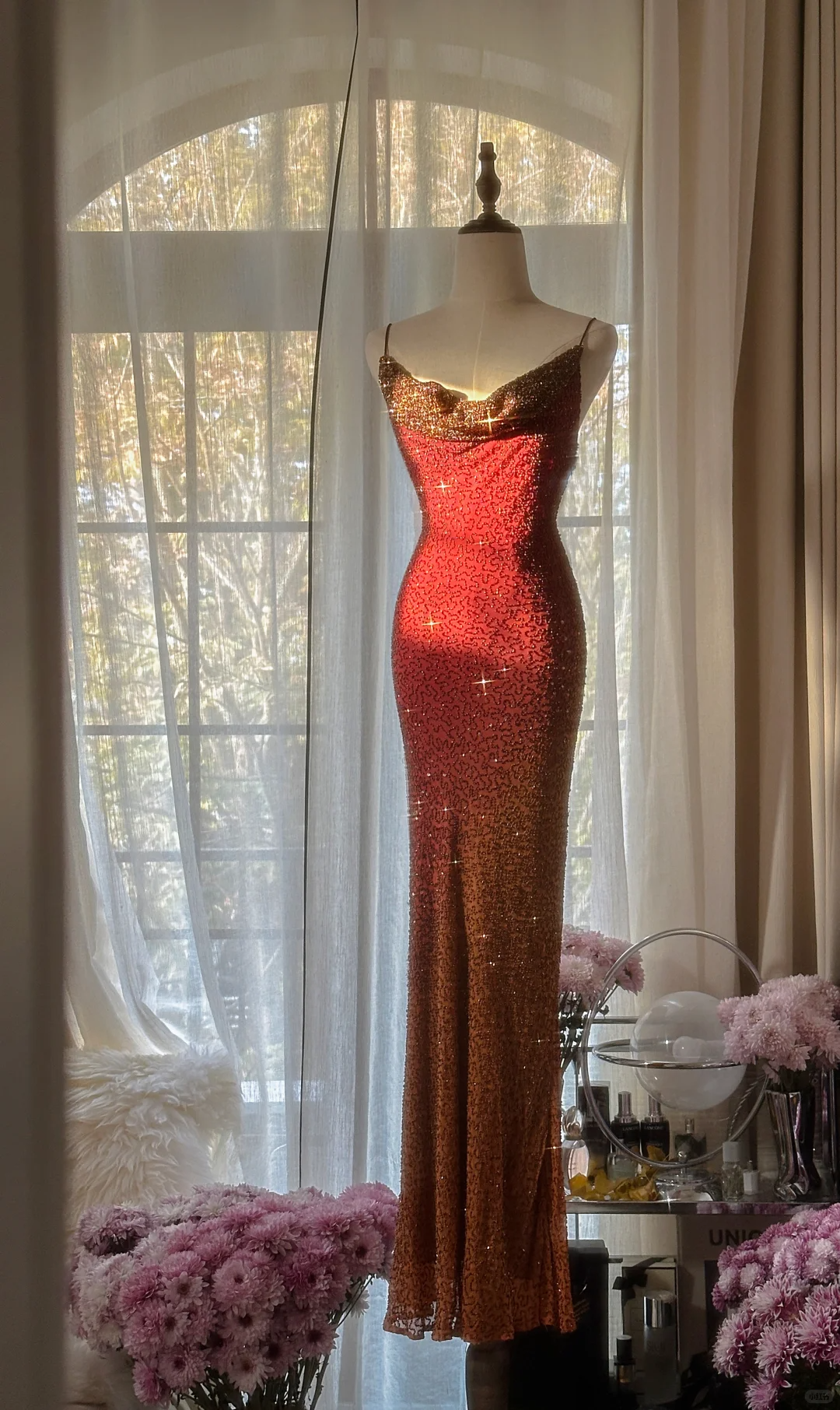 Vintage Unique Red Orange Ombre Black Beaded Chiffon Evening Dress Party Dress SH3472