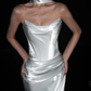 Simple Mermaid Strapless White Satin Long Wedding Dress SH8920