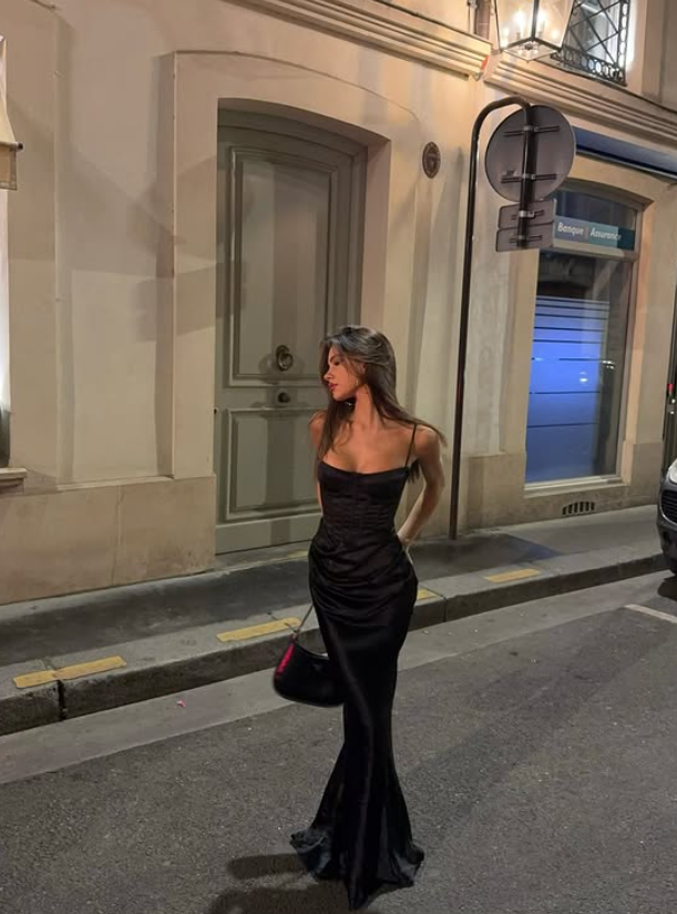 Sexy Black Mermaid Spaghetti Strap Corset Simple Satin Long Prom Dress SH5066