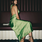 Charming A Line Halter Green Satin Long Open Back Prom Dress Evening Dress SH2109