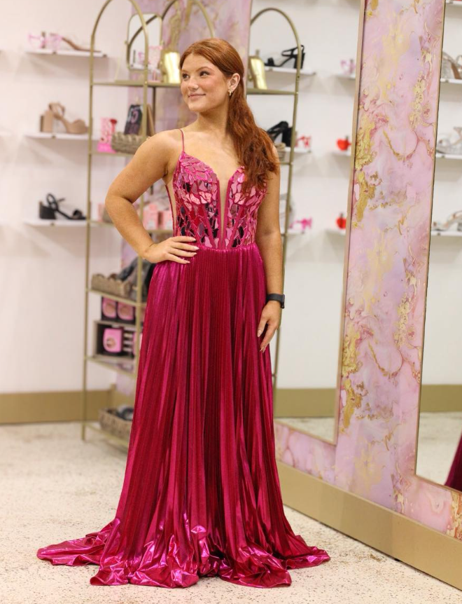 Shiny A Line Spaghetti Strap Beaded Hot Pink Satin Long Prom Dress Evening Dress SH7235