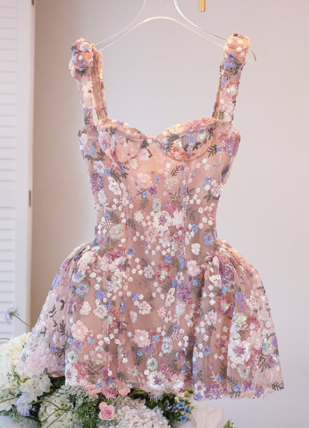 Sweety A Line Straps Embroidery Floral Pink Tulle Short Homecoming Dress Outfits SH6233