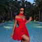 Stunning Red A Line Off the Shoulder Satin Short Homecoming Dress Cocktail Birthday Dress SH3736