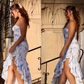 Cute Mermaid Strapless Blue Print Floral Ruffle Chiffon Prom Dress SH4573