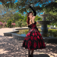 Vintage A Line Spaghetti Strap Red Appliques Black Satin Prom Dress Evening Dress SH4255