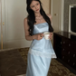 Two Piece Baby Blue Sheath Strapless Lace Satin Prom Dress Evening Dress SH8778