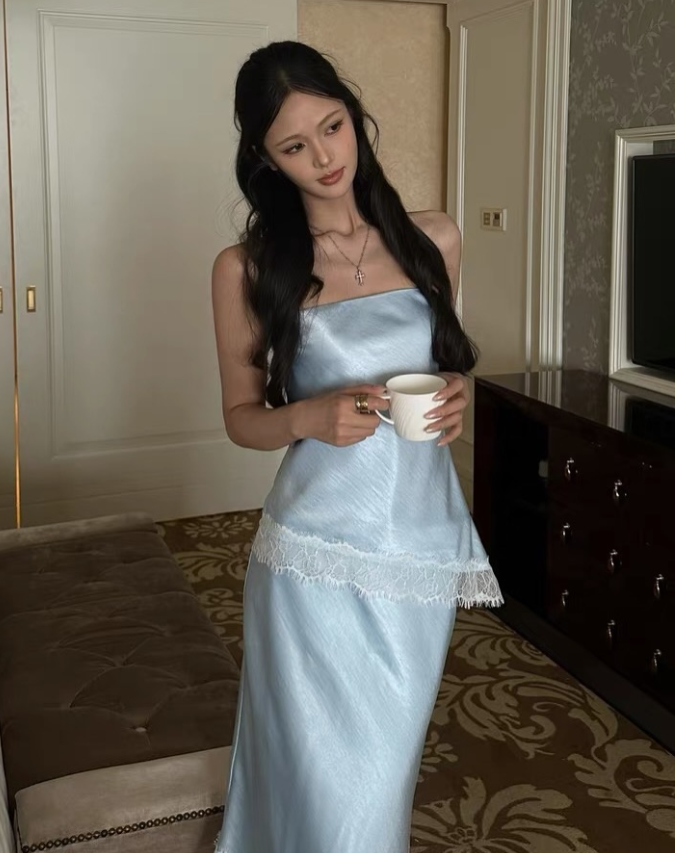 Two Piece Baby Blue Sheath Strapless Lace Satin Prom Dress Evening Dress SH8778