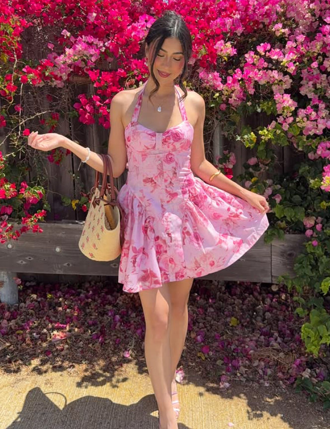 Pink Print Floral A Line Halter Satin Short Prom Dress Homecoming Dress SH6390