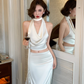 Two Piece Mermaid Halter Satin Open Back Long Prom Dress Vacation Dress SH4317