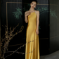 Simple Yellow A Line Spaghetti Strap Satin Open Back Prom Dress Evening Dress SH4210