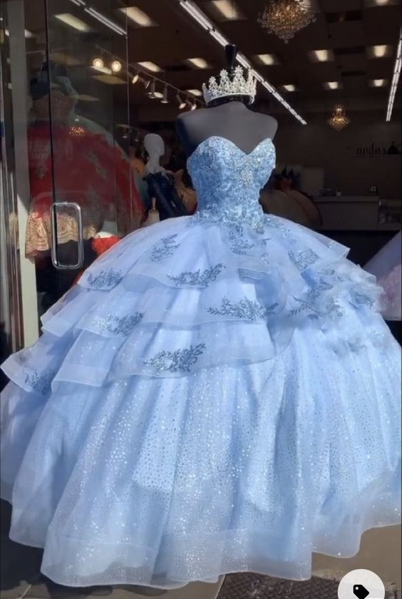 Sweet Blue Tulle Beaded Prom Dress Ball Gown Quinceanera Dress SH1075