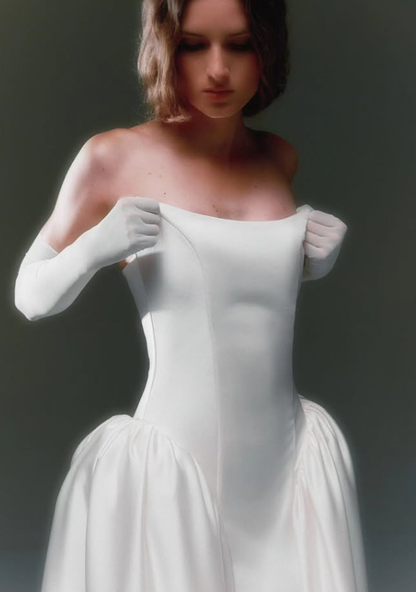 Pretty Ball Gown Strapless White Satin Long Wedding Dress SH6995