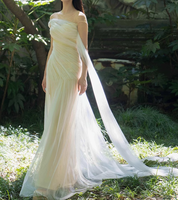 Flowy Simple Ivory A Line Pleated Tulle Long Evening Dress Party Dress SH3484
