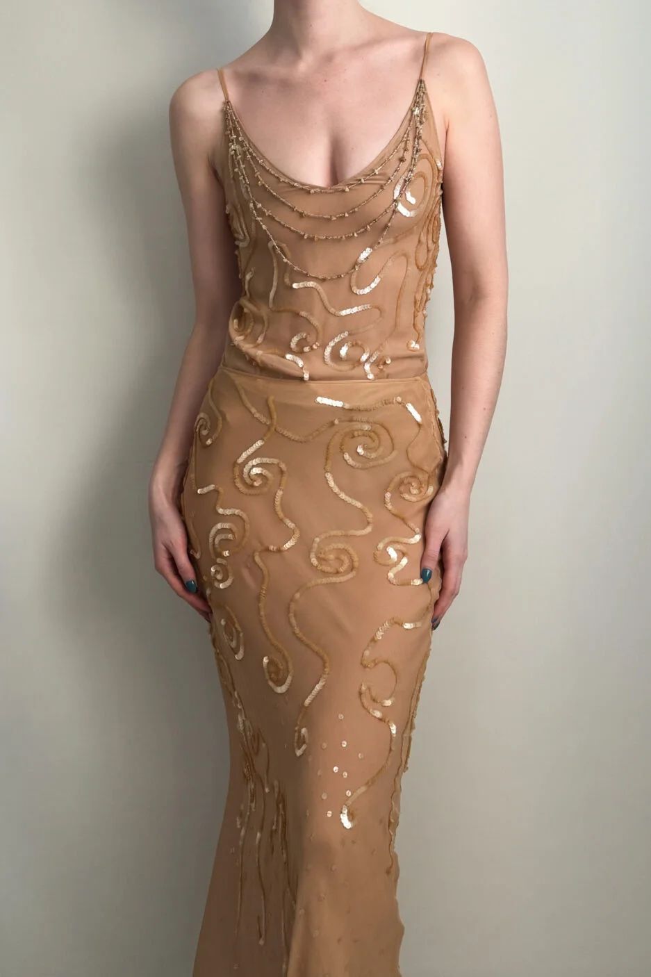 Vintage Mermaid Spaghetti Strap Brown Beaded Sequin Chiffon Prom Dress SH5141