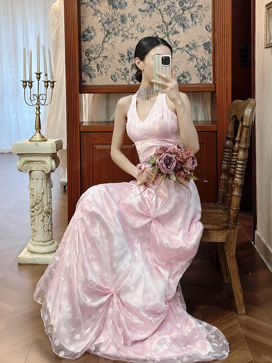 Vintage Pink Polka Dot A Line Halter Chiffon Satin Open Back Long Prom Dress SH5171