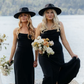 Black Elastic Satin Spaghetti Strap Side Slit Long Bridesmaid Dresses SH5588