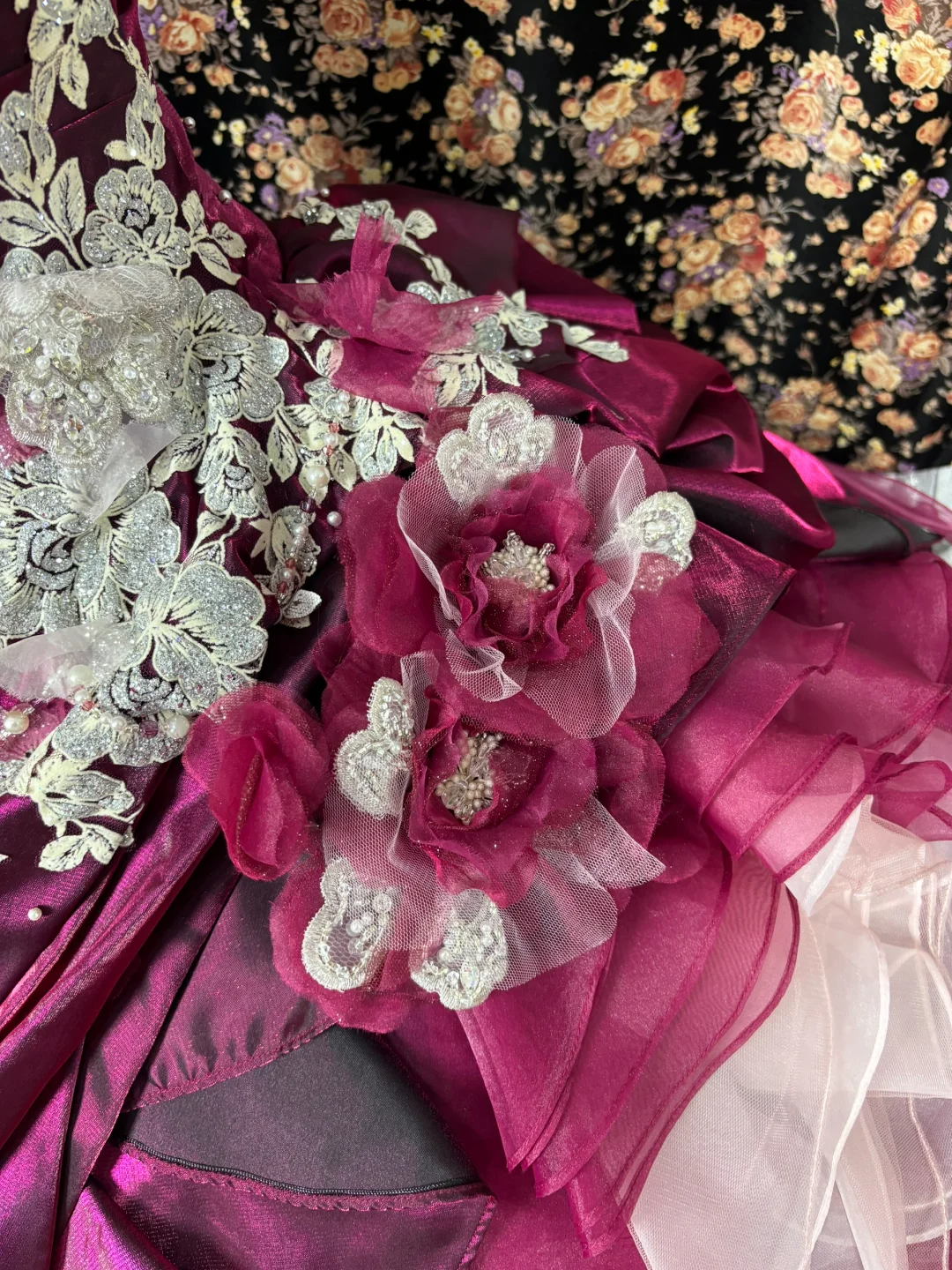 Vintage Pink Purple Ball Gown Strapless Lace Ruffle Tulle Prom Dress Sweet 16 Dress SH5777