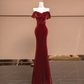 Burgundy Mermaid Off the Shoulder Sequin Velvet Long Prom Dress Party Dress SH4369
