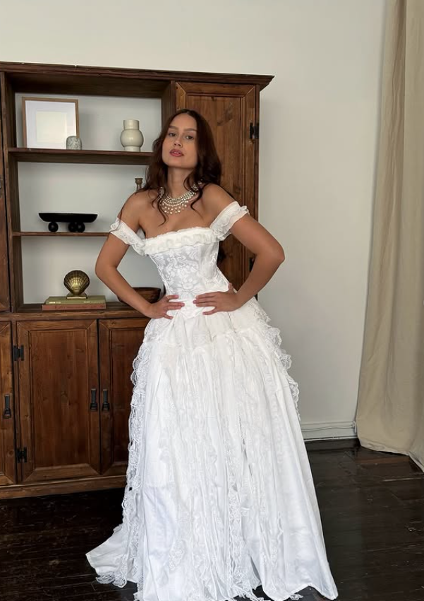Vintage Stunning A Line Off the Shoulder White Layered Lace Satin Wedding Dress SH5417