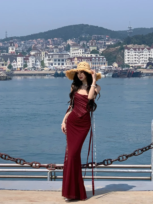 Dark Burgundy Mermaid Off the Shoulder Corset Satin Prom Dress Wedding Guest Dress SH4469