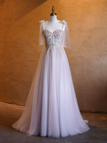 A-line Corset Applique Tulle Bow Straps Long Prom Dress with Sweep Train SH1694