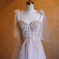 A-line Corset Applique Tulle Bow Straps Long Prom Dress with Sweep Train SH1694