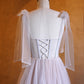 A-line Corset Applique Tulle Bow Straps Long Prom Dress with Sweep Train SH1694