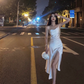 White Simple A Line Spaghetti Strap Satin Prom Dress Outfits with Slit SH4484
