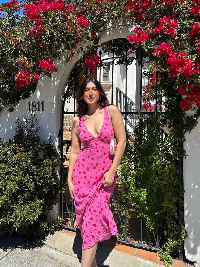 Romantic Pink Print Floral Sheath V Neck Chiffon Prom Dress Vacation Dress SH6259