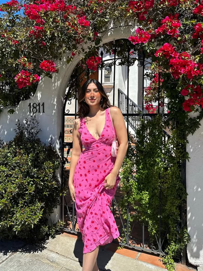 Romantic Pink Print Floral Sheath V Neck Chiffon Prom Dress Vacation Dress SH6259