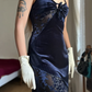 Vintage Sheath Spaghetti Strap Dark Blue Lace Velvet Prom Dress Evening Dress SH6076