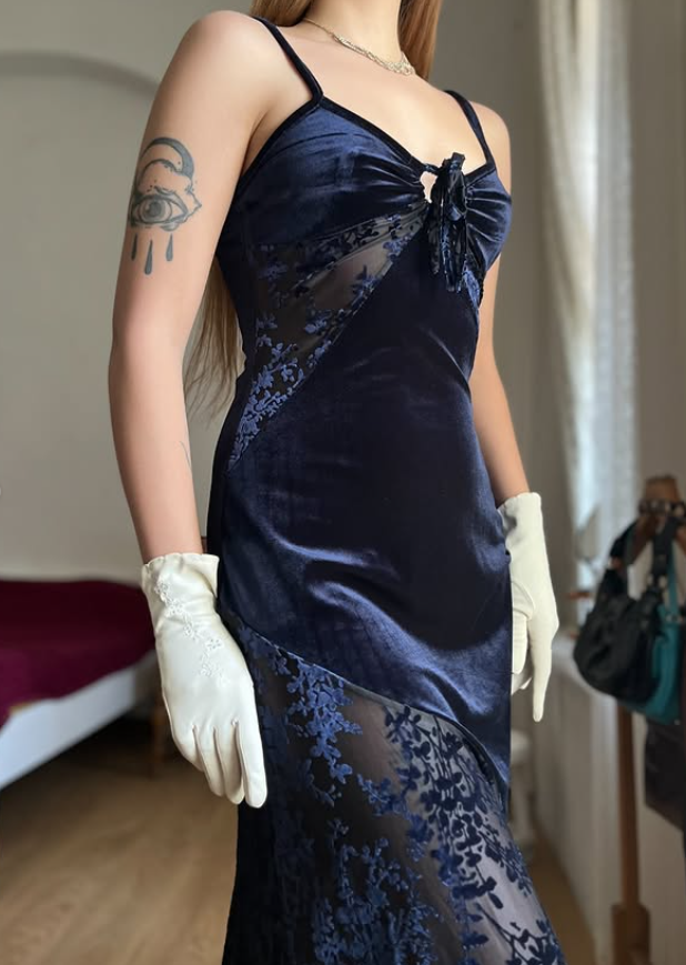 Vintage Sheath Spaghetti Strap Dark Blue Lace Velvet Prom Dress Evening Dress SH6076