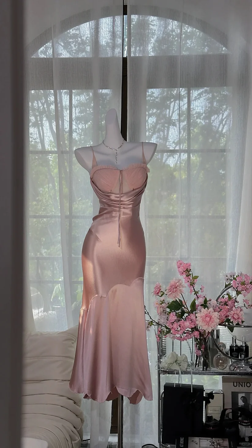 Pink Mermaid Spaghetti Strap Simple Satin Tulle Date Dress Evening Dress Wedding Guest Dress SH3435